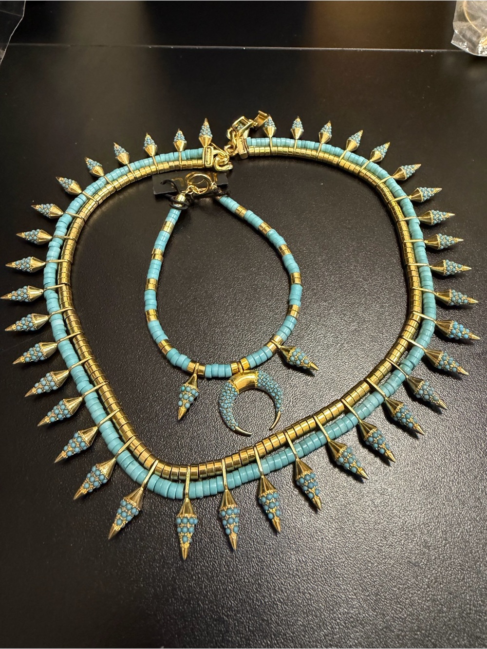 nOir Jewelry Turquoise and Gold Spike Crescent Necklace & Bracelet Set